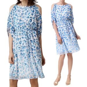 LK Bennett Silk Marnie Dress Cold Shoulder Leopard Print Andaman Blue Womens 10